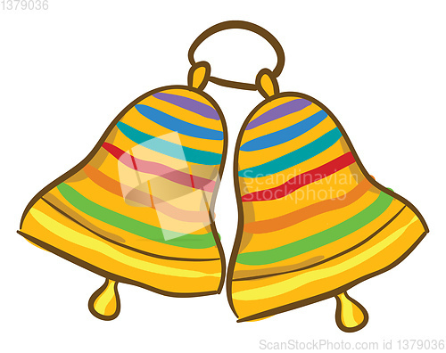 Image of Painting of two ringing golden bells with multi-colored bands de