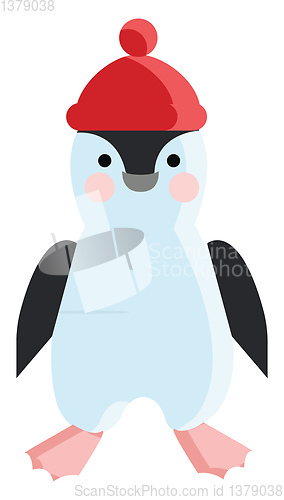 Image of A baby penguin wearing a red warm pompom hat vector color drawin