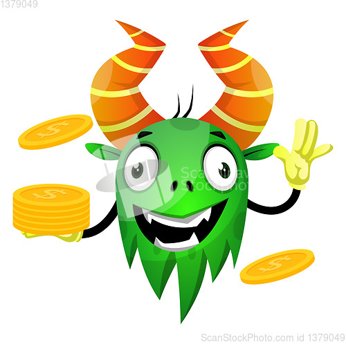 Image of Monster with coins, illustration, vector on white background.