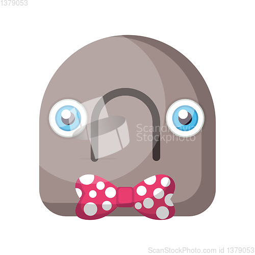 Image of Round grey emoji face with sad mouth and pink bow vector illustr