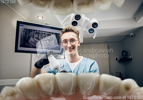 Image of Doctor looking into the mouth, checking, examining teeth