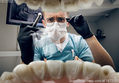 Image of Doctor looking into the mouth, checking, examining teeth