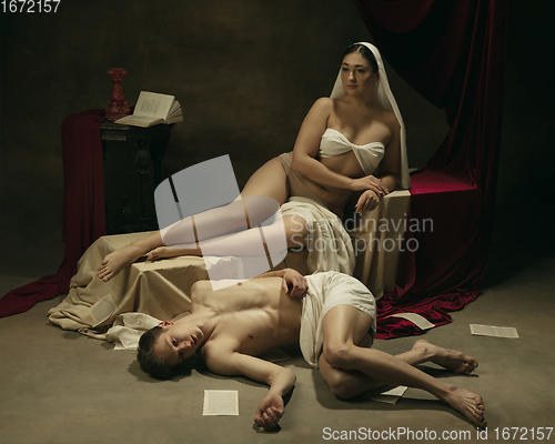 Image of Modern remake of classical artwork - young medieval couple on dark background, comparison of eras concept