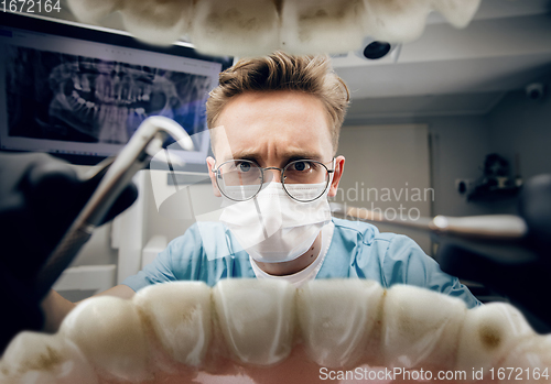 Image of Doctor looking into the mouth, checking, examining teeth