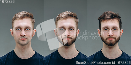 Image of Collage of man before and after visiting barbershop, delighted client with difference haircut, mustache, beard