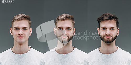 Image of Collage of man before and after visiting barbershop, delighted client with difference haircut, mustache, beard