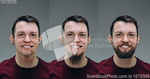 Image of Collage of man before and after visiting barbershop, delighted client with difference haircut, mustache, beard