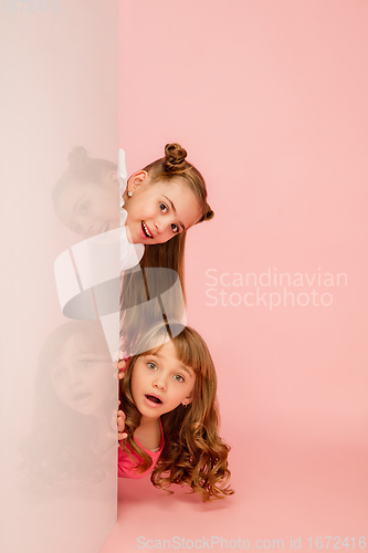 Image of Happy kids, girls isolated on coral pink studio background. Look happy, cheerful, sincere. Copyspace. Childhood, education, emotions concept