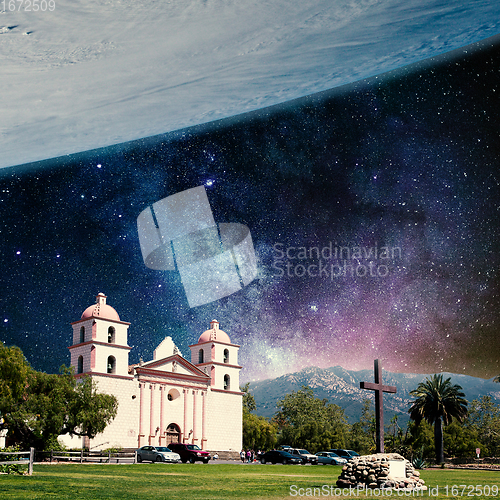 Image of Collage with cosmos and astronomy theme. Modern design. Contemorary art collage.