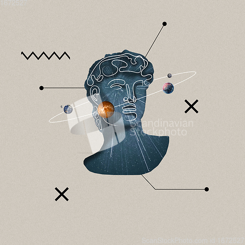 Image of Collage with plaster head model, statue with cosmos theme and planets on grey background. Modern design.