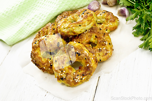 Image of Bagels curd and cheese on wooden board