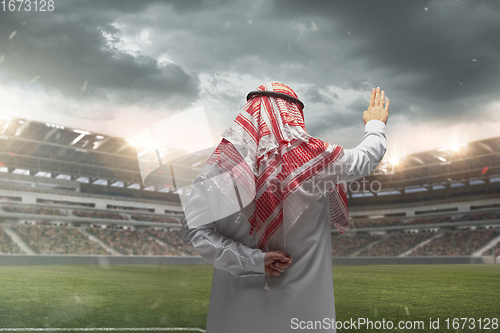 Image of Arabian businessman back view standing on his stadium during sport match