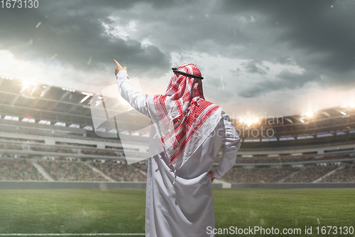 Image of Arabian businessman back view standing on his stadium during sport match