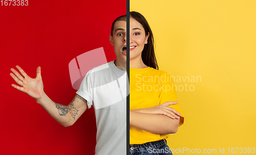 Image of Fun and creative combination of portraits of young people with different emotions, various facial expression on splited multicolored background.