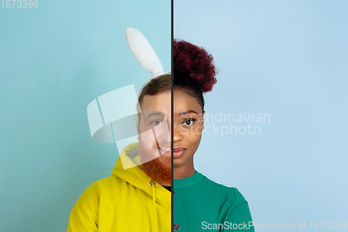 Image of Fun and creative combination of portraits of young people with different emotions, various facial expression on splited multicolored background.