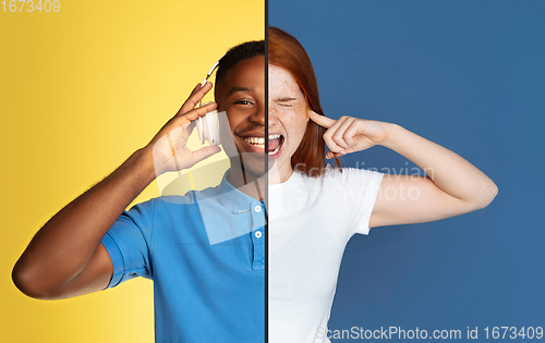 Image of Fun and creative combination of portraits of young people with different emotions, various facial expression on splited multicolored background.