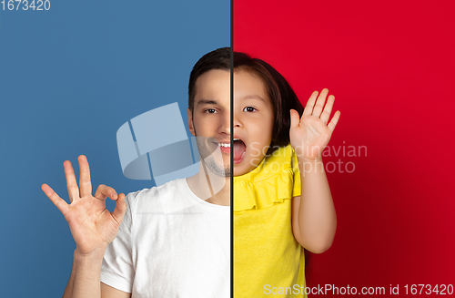 Image of Fun and creative combination of portraits of young people with different emotions, various facial expression on splited multicolored background.