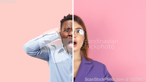 Image of Fun and creative combination of portraits of young people with different emotions, various facial expression on splited multicolored background.