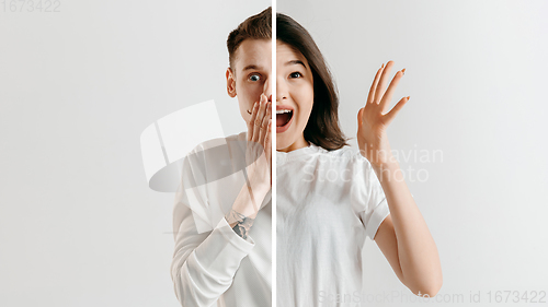 Image of Fun and creative combination of portraits of young people with different emotions, various facial expression on splited multicolored background.