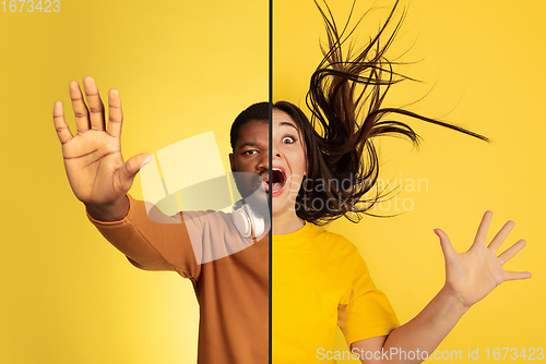 Image of Fun and creative combination of portraits of young people with different emotions, various facial expression on splited multicolored background.