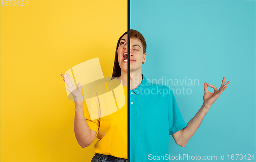 Image of Fun and creative combination of portraits of young people with different emotions, various facial expression on splited multicolored background.