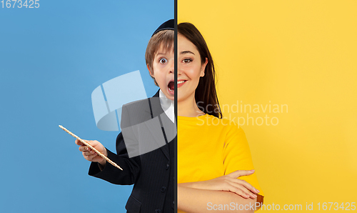 Image of Fun and creative combination of portraits of young people with different emotions, various facial expression on splited multicolored background.