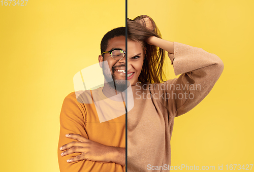 Image of Fun and creative combination of portraits of young people with different emotions, various facial expression on splited multicolored background.