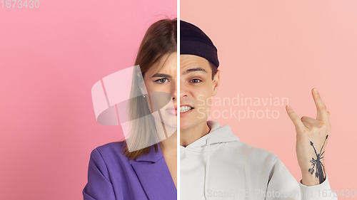 Image of Fun and creative combination of portraits of young people with different emotions, various facial expression on splited multicolored background.