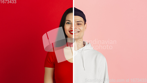 Image of Fun and creative combination of portraits of young people with different emotions, various facial expression on splited multicolored background.