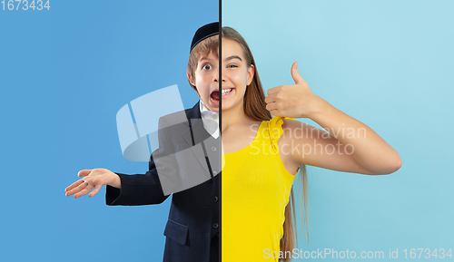 Image of Fun and creative combination of portraits of young people with different emotions, various facial expression on splited multicolored background.