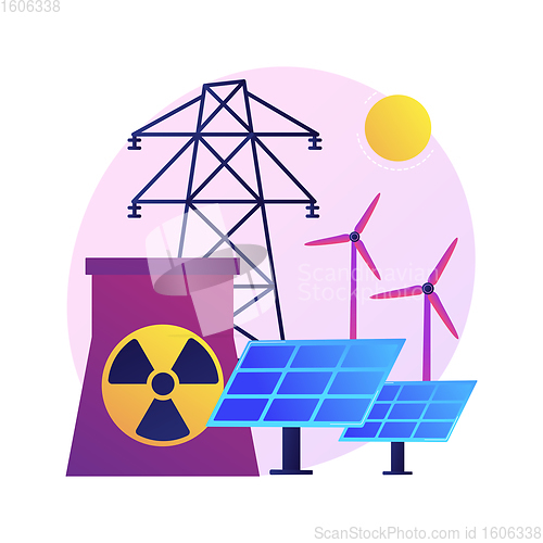 Image of Atomic reactor, windmill and solar battery, energy production vector concept metaphor.