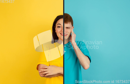 Image of Fun and creative combination of portraits of young people with different emotions, various facial expression on splited multicolored background.