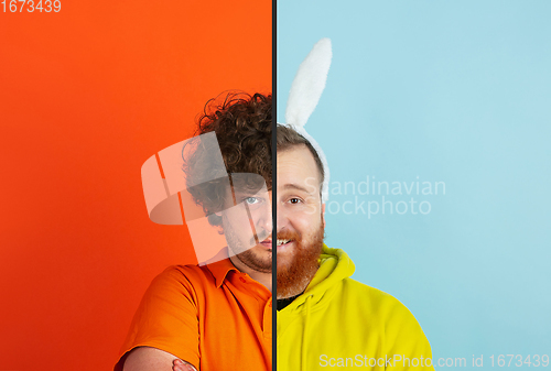 Image of Fun and creative combination of portraits of young people with different emotions, various facial expression on splited multicolored background.