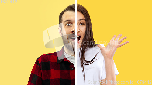 Image of Fun and creative combination of portraits of young people with different emotions, various facial expression on splited multicolored background.