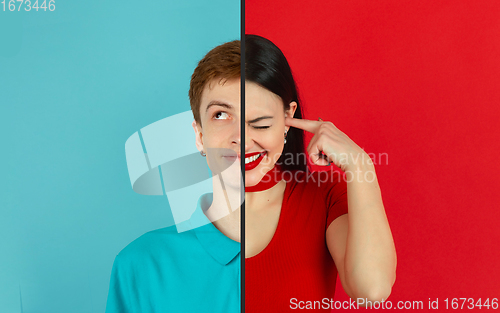 Image of Fun and creative combination of portraits of young people with different emotions, various facial expression on splited multicolored background.