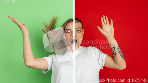 Image of Fun and creative combination of portraits of young people with different emotions, various facial expression on splited multicolored background.