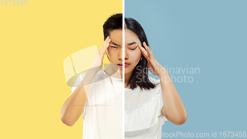 Image of Fun and creative combination of portraits of young people with different emotions, various facial expression on splited multicolored background.