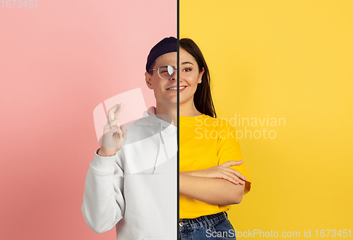 Image of Fun and creative combination of portraits of young people with different emotions, various facial expression on splited multicolored background.