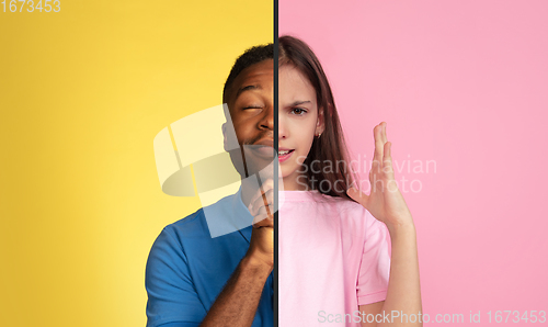 Image of Fun and creative combination of portraits of young people with different emotions, various facial expression on splited multicolored background.