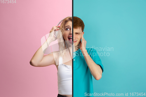 Image of Fun and creative combination of portraits of young people with different emotions, various facial expression on splited multicolored background.