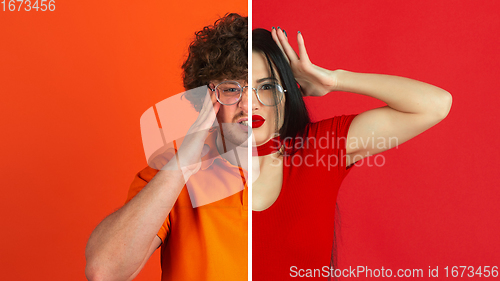 Image of Fun and creative combination of portraits of young people with different emotions, various facial expression on splited multicolored background.