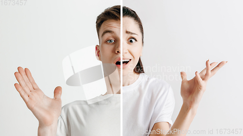 Image of Fun and creative combination of portraits of young people with different emotions, various facial expression on splited multicolored background.