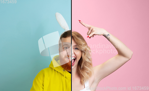 Image of Fun and creative combination of portraits of young people with different emotions, various facial expression on splited multicolored background.