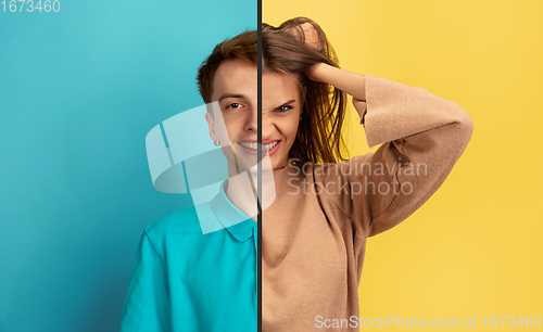 Image of Fun and creative combination of portraits of young people with different emotions, various facial expression on splited multicolored background.