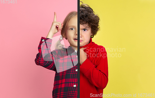 Image of Fun and creative combination of portraits of young people with different emotions, various facial expression on splited multicolored background.