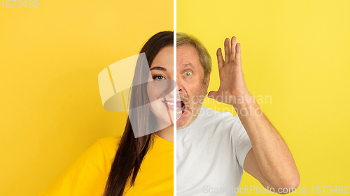 Image of Fun and creative combination of portraits of young people with different emotions, various facial expression on splited multicolored background.