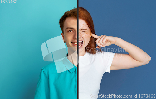 Image of Fun and creative combination of portraits of young people with different emotions, various facial expression on splited multicolored background.