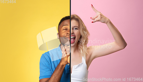 Image of Fun and creative combination of portraits of young people with different emotions, various facial expression on splited multicolored background.