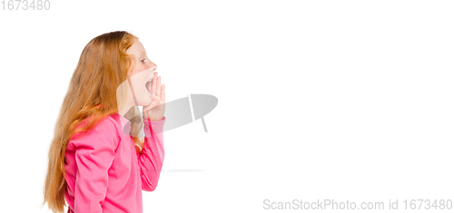 Image of Happy redhair girl isolated on white studio background. Looks happy, cheerful, sincere. Copyspace. Childhood, education, emotions concept