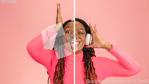 Image of Fun and creative combination of portraits of young girl with different emotions, various facial expression on splited studio background.